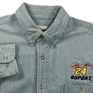 Jeff Gordon #24 DuPont NASCAR Embroidered Denim Button Up Mens XL Racing Vintage